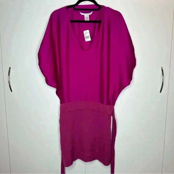 Diane von Furstenberg NWT Edna Pink Puff Sleeve Tie Waist Silk Dress Size 2 - Picture 8 of 16